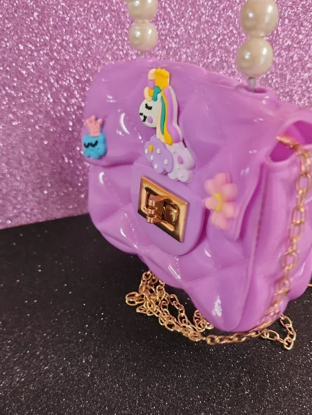 Kids Purple Unicorn Pearl-Handle Mini Bag with Gold Chain